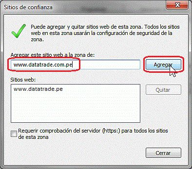 Agregar Sitio "www.datatrade.com.pe"