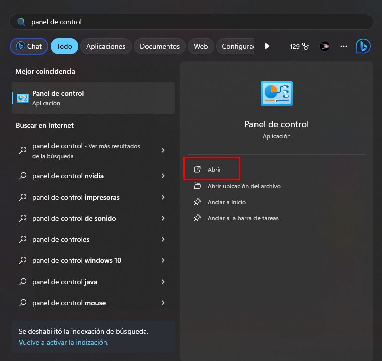 Buscar "Panel de Control"