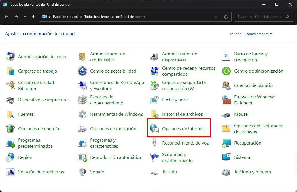 Escoger "Opciones de Internet"